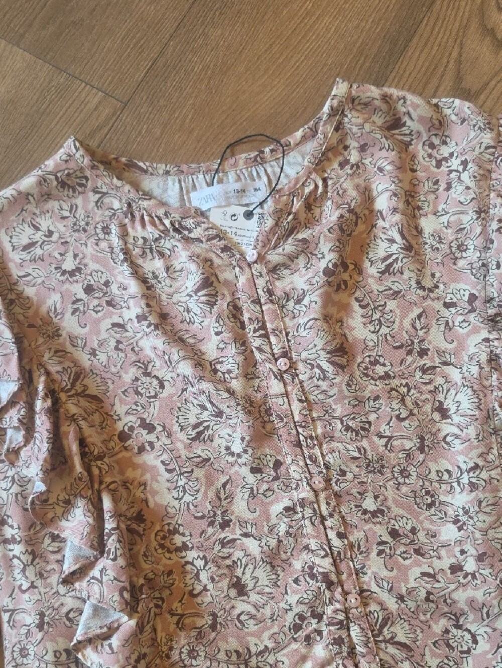 Zara Girls Blush Pink Floral Ruffle Button-Front Blouse